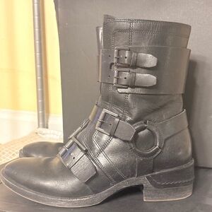 Kenneth Cole Black Combat Moto Boots with Buckle Straps